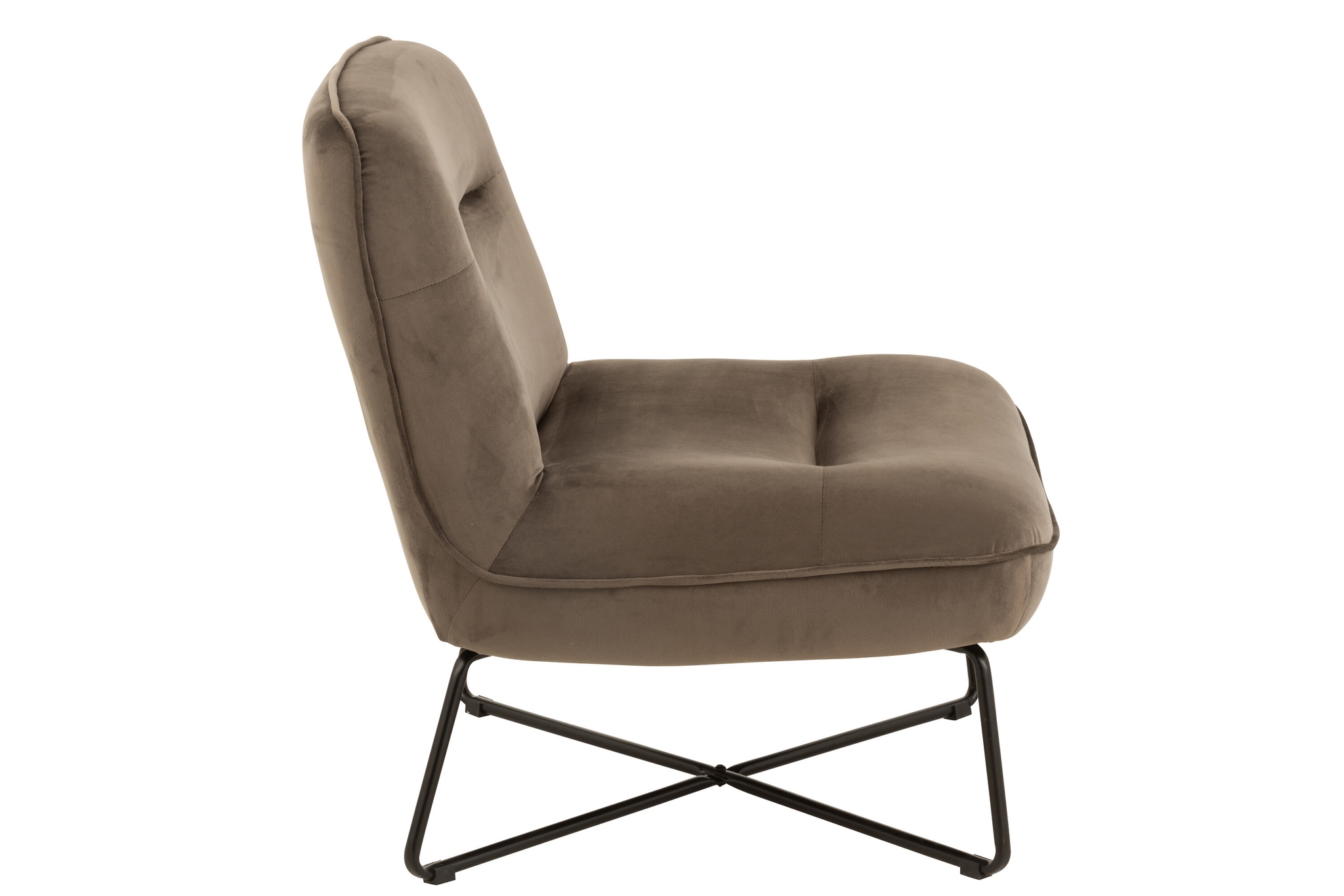 De Ligstoel Frame Donkergrijs Textiel/Metaal is een donkergrijze textielen relaxfauteuil met een gecapitonneerde zitting en een lage, getufte rugleuning, met een zwart metalen X-vormig onderstel, vanaf de zijkant afgebeeld tegen een witte achtergrond.