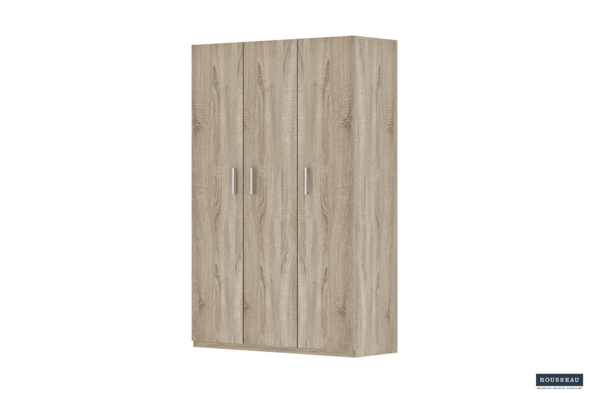 De Opbergkast 'Mike' 120 cm 3 deuren Sonoma (3c) is een lichte kast met houtafwerking met drie verticale deuren, zilveren handgrepen, subtiele houtnerfstructuur en een vlakke basis, afgebeeld tegen een witte achtergrond.