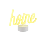 De REALITY Tafellamp CASA is een gele LED-lamp met de tekst "home" in neonstijl, gemonteerd op een ronde witte voet en afgebeeld tegen een effen witte achtergrond.