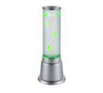 De REALITY Tafellamp JELLY is een cilindervormige lamp met een zilverkleurige voet en bovenkant, waarop drie gloeiende groene kunstkwallen drijven in heldere vloeistof.