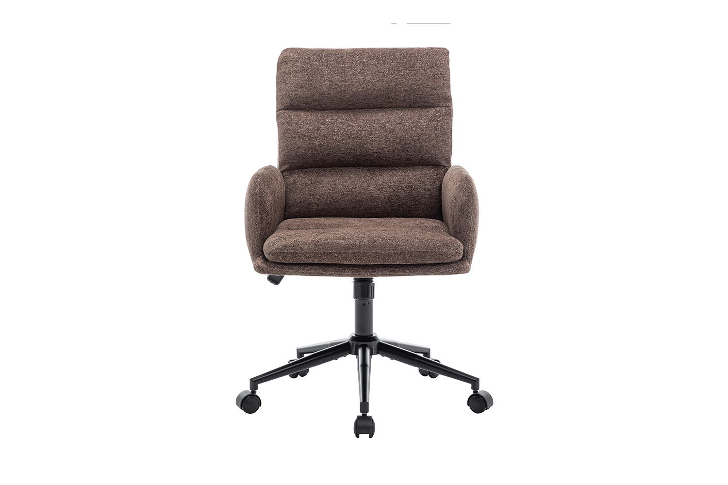 De Bureaustoel 'Aimé' Stof Fabb Raven 45 in bruin heeft vulling, armleuningen, een zwarte draaivoet en vijf zwenkwielen, tegen een witte achtergrond.