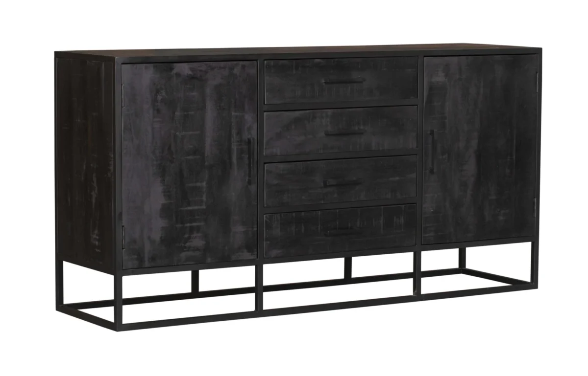 De Dressoir Denver Black 165 cm combineert mangohout en staal in een modern ontwerp met vier centrale lades, twee kastdeuren aan elke kant en een minimalistisch metalen onderstel.
