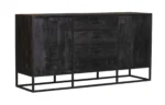 De Dressoir Denver Black 165 cm combineert mangohout en staal in een modern ontwerp met vier centrale lades, twee kastdeuren aan elke kant en een minimalistisch metalen onderstel.
