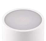 Een close-up van de bovenkant van de Reality Tafellamp Fernandez;in, een witte cilindrische lamp met een glad oppervlak en een centraal krachtsymbool.