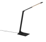 De TRIO Tafellamp TRAVIS is een moderne zwarte bureaulamp met een verstelbare arm, slanke rechthoekige LED-lamp, platte voet en een zichtbaar netsnoer.
