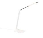 De TRIO Tafellamp Travis is een moderne, slanke witte bureaulamp met een verstelbare arm en platte rechthoekige voet, verlicht aan de bovenkant en aangesloten op een zichtbaar wit netsnoer.