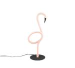 De REALITY Tafellamp INGO is een roze neonlamp in de vorm van een flamingo op een ronde zwarte voet tegen een witte achtergrond.