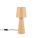 De TRIO Tafellamp NUBIAN is een moderne beige tafellamp met een conische voet en kap, voorzien van een zwart netsnoer en schakelaar, afgebeeld tegen een witte achtergrond.