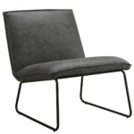 De Fauteuil James is een moderne armloze loungestoel met een brede, beklede zitting en rugleuning in antraciet microleder, op een minimalistisch zwart metalen frame.