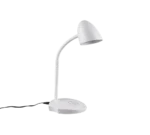 De Reality Tafellamp Load is een moderne witte bureaulamp met een gebogen hals, ovale lampenkap, ronde voet met aanraakbediening en een zwart netsnoer dat uit de voet steekt.