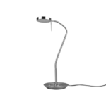 De TRIO Tafellamp Monza is een moderne metalen bureaulamp met een gebogen hals, ronde voet, ronde lampenkap en een zichtbaar zwart netsnoer aan de rechterkant.