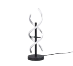 De TRIO Tafellamp Sequence heeft een modern ontwerp met een zwarte ronde voet, twee witte spiraalvormige LED-strips die een centrale zwarte staaf opwinden en wordt geleverd met een bijpassend zwart netsnoer.