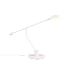 De TRIO Tafellamp Manduro is een moderne witte bureaulamp met een ronde voet, verstelbare schuine arm en ronde kap, die aan staat en zacht zijlicht werpt.