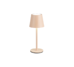De Reality Tafellamp Diaz is een beige tafellamp met een ronde voet, slanke steel en eenvoudige kegelvormige lampenkap, geïsoleerd afgebeeld op een witte achtergrond.