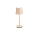 De Reality Tafellamp Diaz is een beige tafellamp met een ronde voet, slanke steel en eenvoudige kegelvormige lampenkap, geïsoleerd afgebeeld op een witte achtergrond.