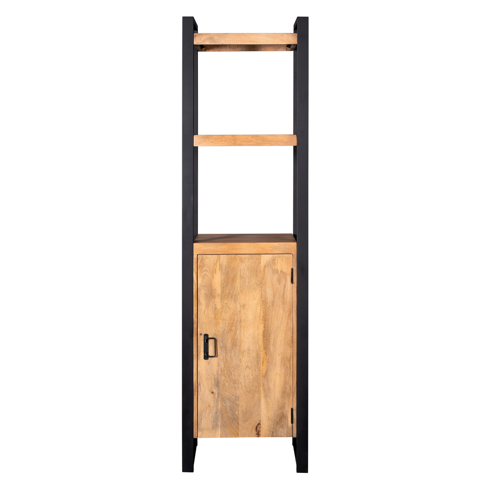Boekenkast Boaz | 1 deur is een hoge houten kast met een zwart metalen frame, twee open planken erboven en een gesloten kast met zwarte handgreep eronder. Het minimalistische, industriële ontwerp past in moderne interieurs.