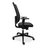 De Workliving De Maas Mesh - Bureaustoel Ergonomisch (N)EN 1335 is een zwarte ergonomische bureaustoel met verstelbare armleuningen, rugleuning van netweave, zitting met kussens en vijf zwenkwielen, afgebeeld vanaf de zijkant op een witte achtergrond.