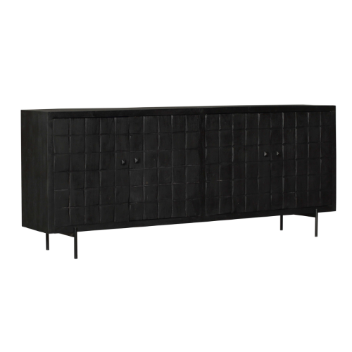 De Dressoir Brandy Black 220 cm is een modern zwart dressoir met vier kastdeuren, een gestructureerd ontwerp met vierkant patroon en slanke metalen poten.