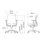 Technische tekening van het Workliving Huiswerk Mesh - Bureaustoel Ergonomisch Ontwerp (N)EN 1335, met voor- en zijaanzicht en afmetingen in millimeters voor hoogte, breedte, zitdiepte en rugleuning. Voorzien van armleuningen, draaivoet en wielen.