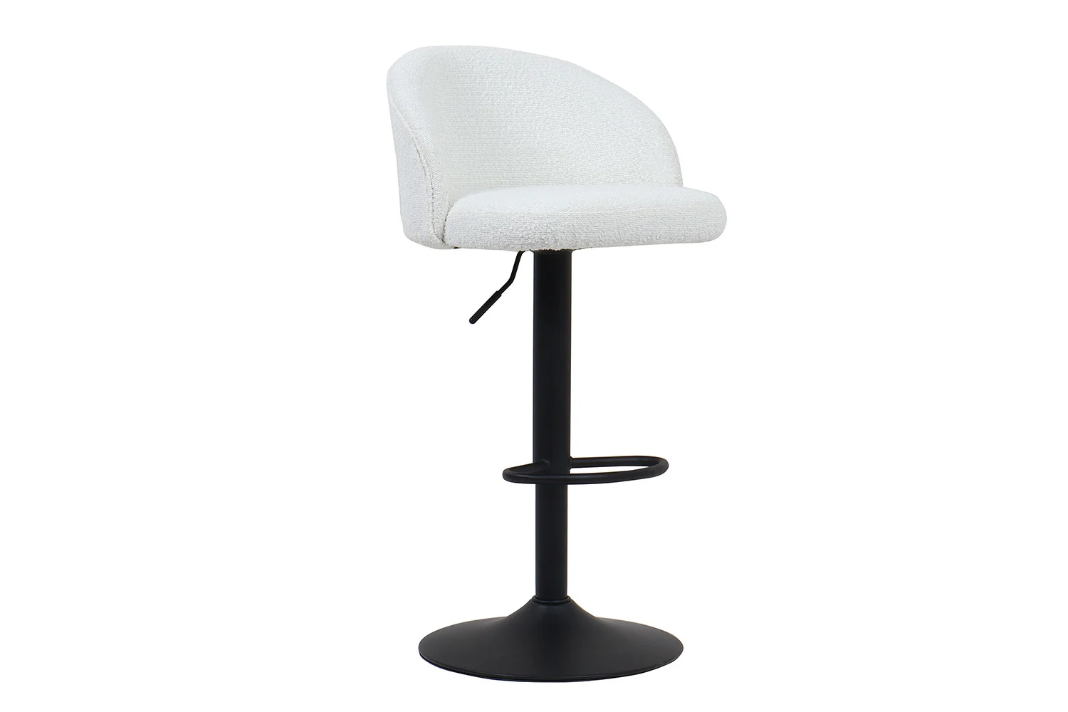 Barstoel 'Arda' Bouclé Wit (2 per doos) is een moderne barkruk met een zitting en rugleuning van wit bouclé, een voetstuk van zwart metaal, een ronde voetsteun en een in hoogte verstelbare hendel.