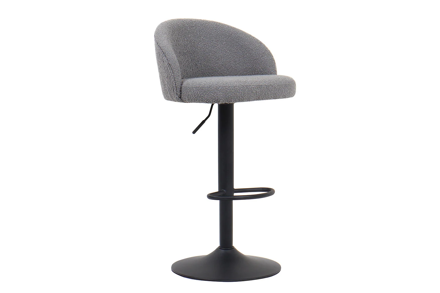 Barstoel 'Arda' Bouclé Lichtgrijs: moderne barstoel met een ronde lichtgrijze bouclé zitting en rugleuning, zwart metalen voetstuk, cirkelvormige voetsteun en verstelbare hoogte (2 per doos).