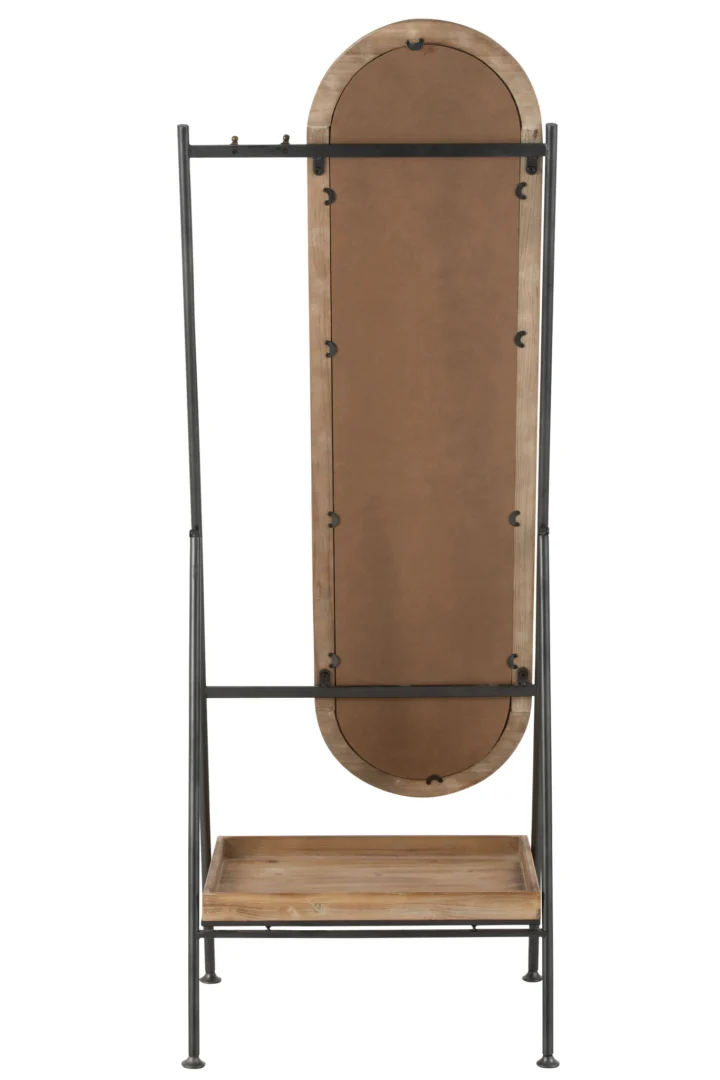 De Mirror Standing+Shelf Metal/Wood Brown heeft een zwart metalen frame, een houten plank aan de onderkant en een bruin achterpaneel met zichtbare bevestigingsmaterialen.