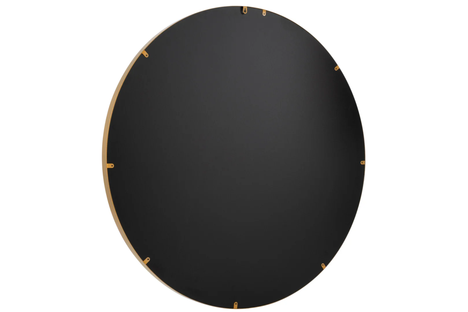 De Mirror Round High Border Metal/Glass Gold Large heeft een groot, rond zwart oppervlak met een dunne goudkleurige rand en kleine gouden haakjes gelijkmatig verdeeld langs de rand, tegen een witte achtergrond.
