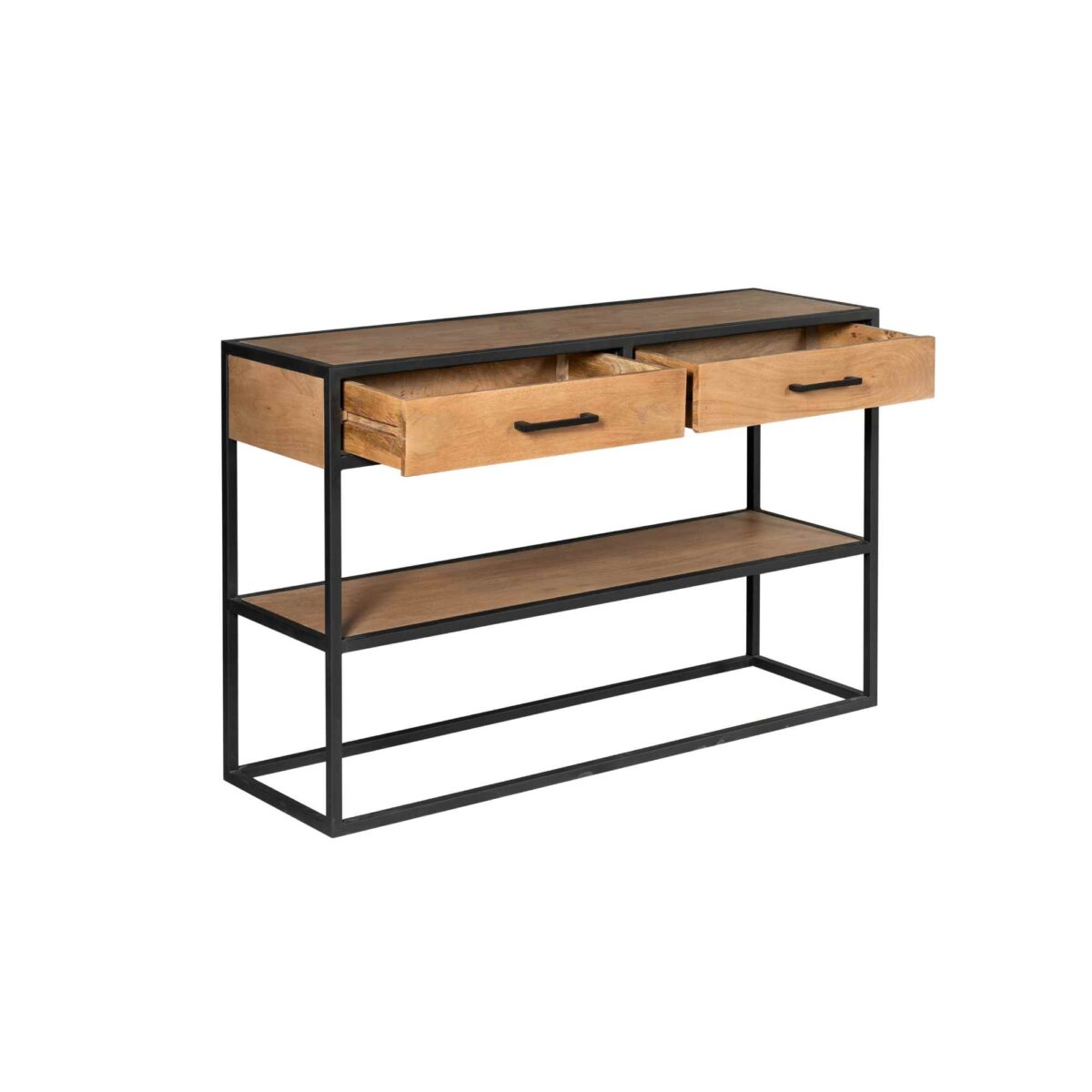 De Sidetable Denver heeft een modern zwart metalen frame, twee open mangohouten lades en een onderste houten plank, afgebeeld tegen een witte achtergrond.
