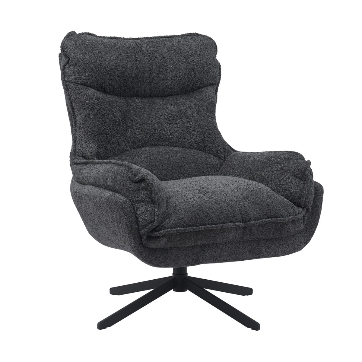 De Fauteuil Vera Dark Grey is een pluche draaifauteuil met zachte, gestructureerde bekleding, een hoge rugleuning, gevoerde armleuningen en een stevig onderstel van zwart metaal met vijf poten.