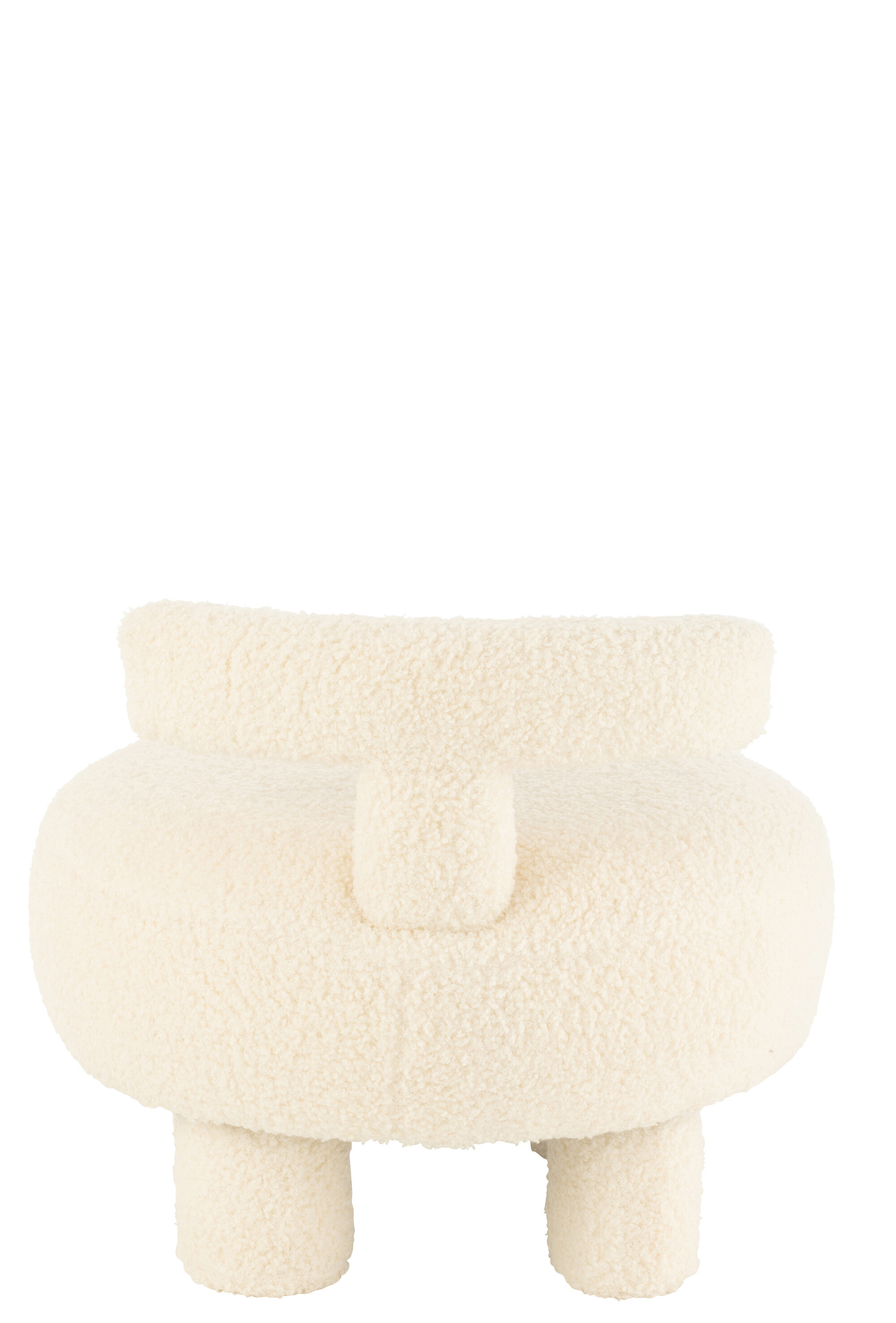 De Krukje Rond Stoelleuning Bouclé Wit is een moderne, pluche accentstoel in crèmewit bouclé, met een afgeronde rugleuning en zitting, drie cilindervormige poten en een stijlvol, minimalistisch ontwerp.