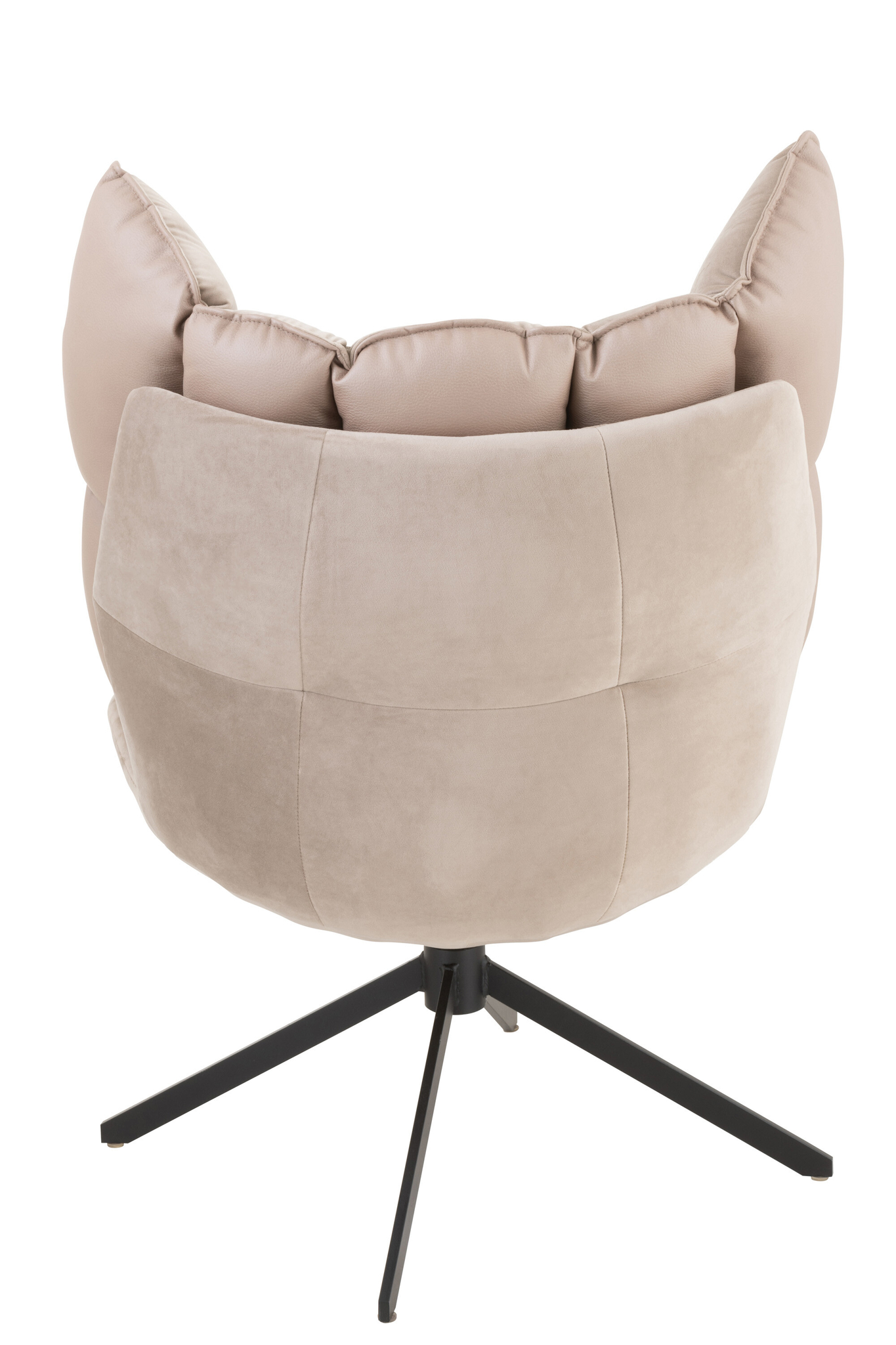 De Stoel Relax Kussen Extra Lichtgrijs is een moderne, extra lichtgrijze bureaustoel met een gecapitonneerde rugleuning, een gestoffeerd oppervlak en een zwart metalen onderstel met vier poten, afgebeeld vanaf de achterkant.