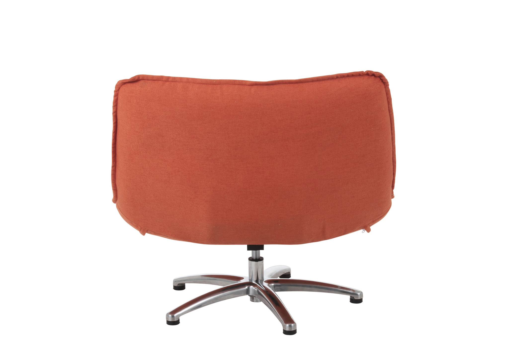 De Draaistoel Fluweel Oranje Metaal Zilver is een oranje fluwelen bureaustoel met een gebogen rugleuning en een vijfpuntig zilverkleurig metalen onderstel, afgebeeld vanaf de achterkant op een witte achtergrond.