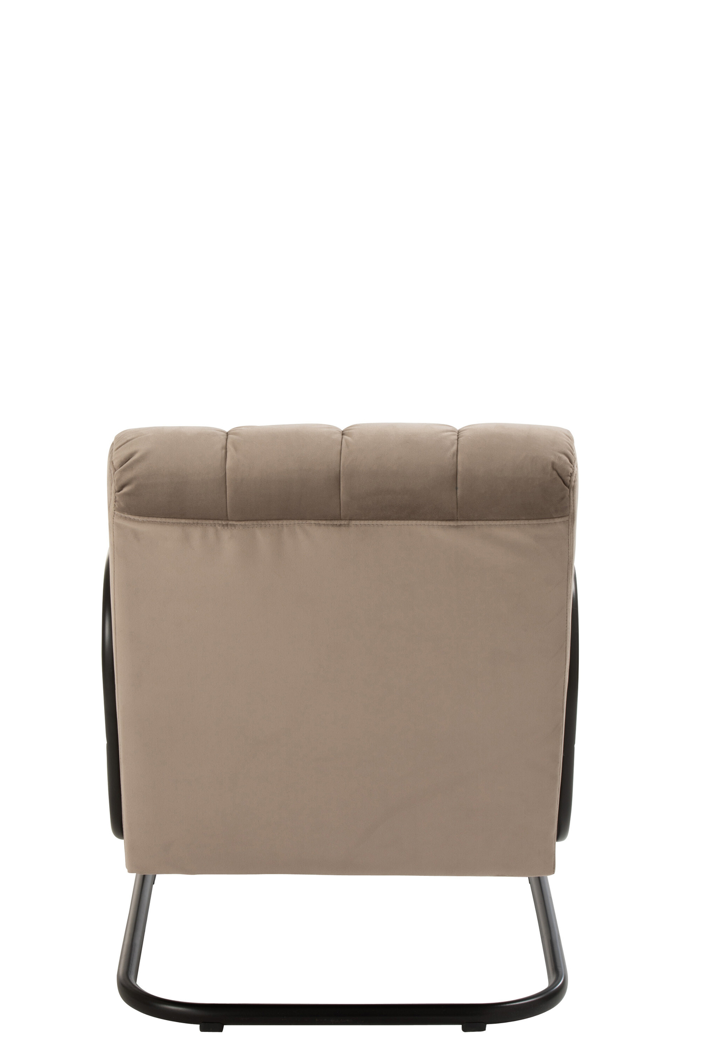 De Zit Relax 1 Persoon Grijs Textiel is een grijs gestoffeerde fauteuil met een getufte rugleuning, zwart metalen frame en sledestijl poten, van achteren gezien tegen een witte achtergrond.