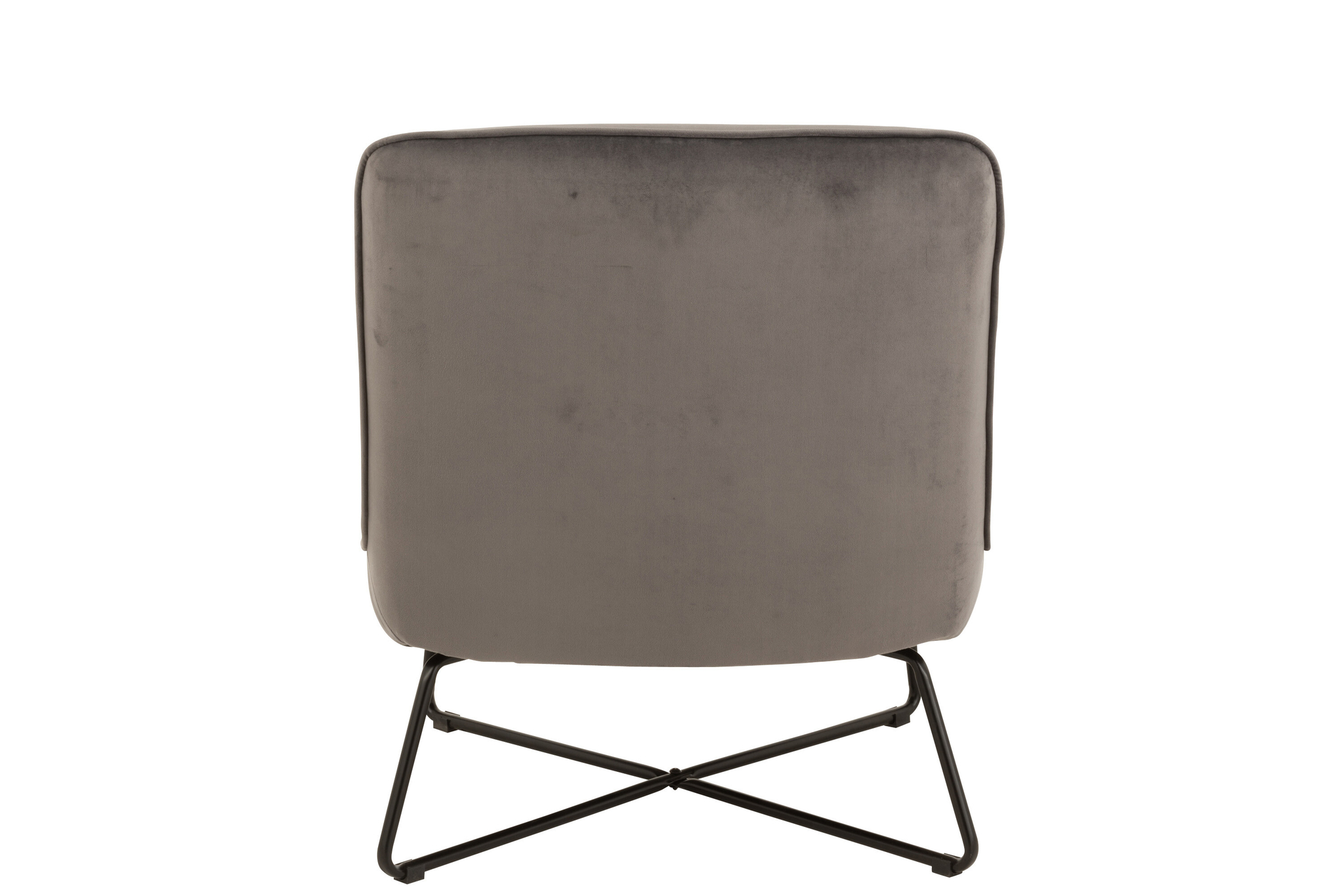 De Lounge Chair Frame Midden Grijs heeft een moderne grijze, fluweelachtige gestoffeerde rug en zwarte metalen poten, van achteren gezien tegen een witte achtergrond.