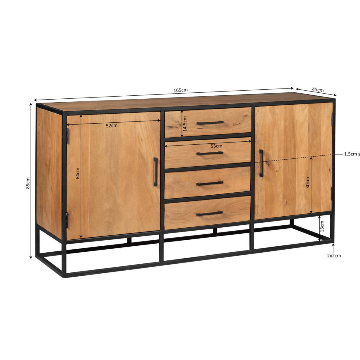 Dressoir Denver | Mangohout en staal | 165 cm: Een mangohouten dressoir met zwart stalen frame, twee kasten en vier lades. Afmetingen: 165 cm breed, 85 cm hoog, 40 cm diep. Afmetingen en ladegroottes zijn gemarkeerd.