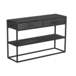 De Sidetable New York | 2 lades is een moderne zwarte consoletafel met twee bovenste laden en twee open planken, allemaal ondersteund door een slank rechthoekig metalen frame.