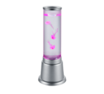 De REALITY Tafellamp JELLY is een zilveren cilindervormige lamp gevuld met water waarin drie gloeiende roze kunstkwallen drijven.