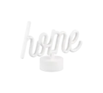 Een wit REALITY Tafellamp CASA decoratief bord in de vorm van het woord "thuis" in cursief, gemonteerd op een ronde voet, tegen een effen witte achtergrond.