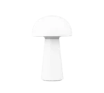 De REALITY Tafellamp LENNON is een minimalistische witte tafellamp met een koepelvormige kap en cilindrische voet, paddestoelachtig van ontwerp, afgebeeld tegen een effen witte achtergrond.