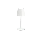 De tafellamp Reality Diaz heeft een modern wit ontwerp met een cilindrische voet en conische lampenkap, afgebeeld tegen een effen witte achtergrond.