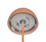 Close-up van de onderkant van de oranje lampkop van de Reality Tafellamp Ortiz, met kleine LED-lampjes in een cirkel onder een matte kap, met een centrale paal aan de onderkant.