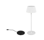 De Reality Tafellamp SUAREZ is een moderne witte tafellamp met een geplooide kap en ronde voet, afgebeeld naast een aparte zwarte ronde voet met een USB-kabel.