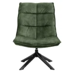 De Fauteuil Lucas - Fluweel Mosgroen is een groen fluwelen draaistoel met een getufte, gecapitonneerde zitting en rugleuning op een zwart metalen onderstel met vier poten.