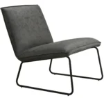 De Fauteuil James heeft een modern zwart metalen frame met schuine poten en een donkergrijze microleder (antraciet) gestoffeerde zitting en rugleuning, met een licht getextureerde afwerking.