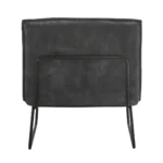De Fauteuil James - Velvet Antraciet is een moderne zwarte stoel met een rechthoekige rugleuning met kussens en slanke metalen poten, van achteren gezien tegen een witte achtergrond.