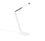 De TRIO Tafellamp Travis is een moderne witte LED bureaulamp met een verstelbare arm, een rechthoekige voet en een wit snoer dat uit de achterkant komt.