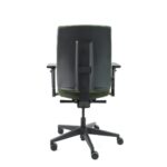 De Workliving Eva Comfort Groen Regain - Bureaustoel Ergonomisch (N)EN 1335 is afgebeeld vanaf de achterkant, zwart van kleur, met verstelbare armleuningen en een onderstel met vijf wielen, tegen een effen witte achtergrond.