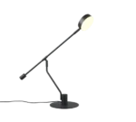 De TRIO Manduro Tafellamp is een moderne zwarte bureaulamp met een verstelbare arm, ronde verlichte lampenkap en een ronde voet.