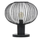 De TRIO Tafellamp Gila is een moderne tafellamp met een zwarte ronde open metalen draadkap rond een zichtbare gloeilamp, op een stevige cilindervormige voet.
