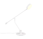 De TRIO Tafellamp Manduro is een moderne witte bureaulamp met een ronde voet, een lange verstelbare arm en een ovaalvormige lampkop die omhoog gericht is. Het minimalistische ontwerp straalt een zachte gloed uit, perfect voor elke moderne werkplek.